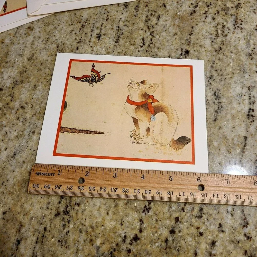 Katsushika Hokusai Cat and Butterfly Set of 4 Blank Greeting Cards w/ Envelopes